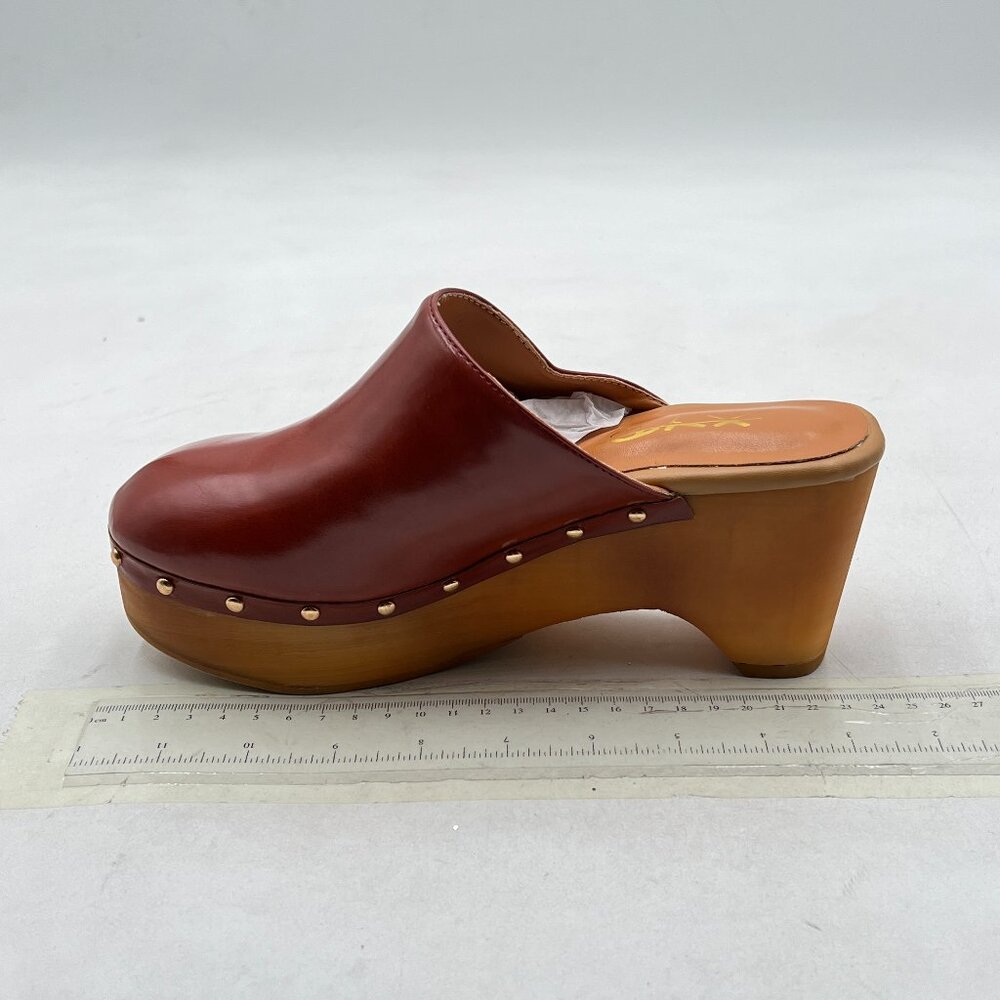 XYD Brown Women Round Toe Chunky Heel Mule Stylish Studded Platform Slip-on Shoe